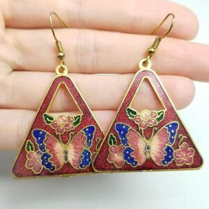 Vintage Butterfly Red Enamel Triangle Dangle Earrings, Colorful 80s 90s style